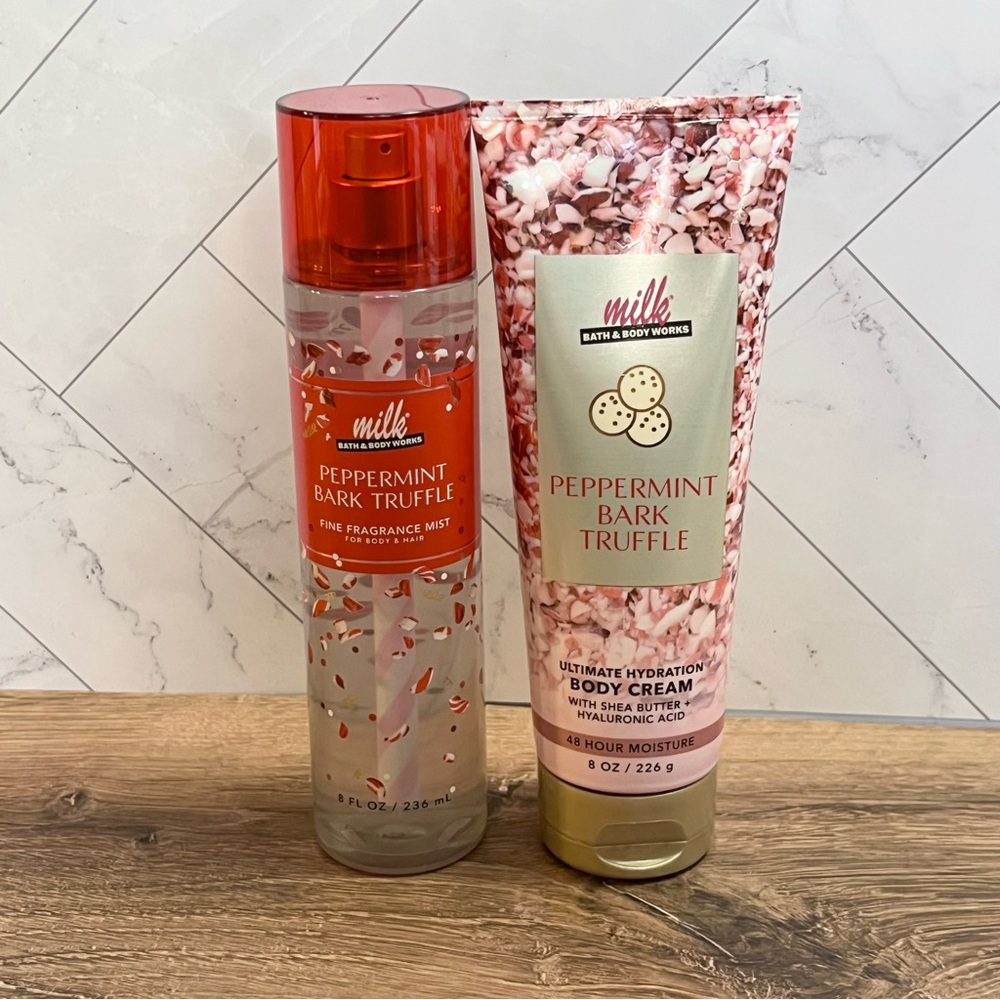 Bath & Body Works PEPPERMINT BARK TRUFFLE 2 Piece Set Mist Spray Cream Lotion